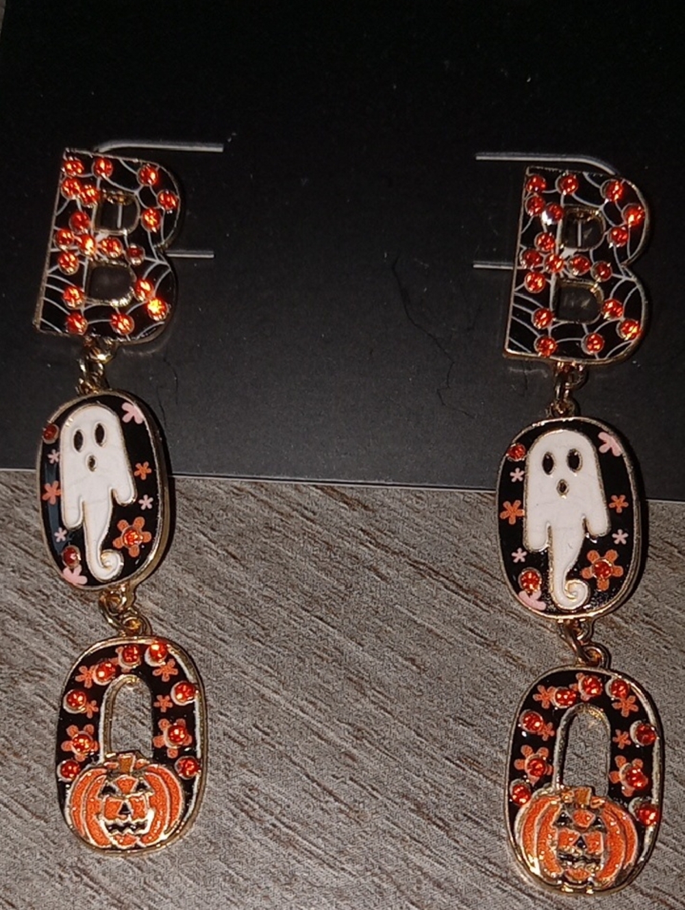 Halloween Ghost & Pumpkin Drop Earrings - Orange Crystal Accents New